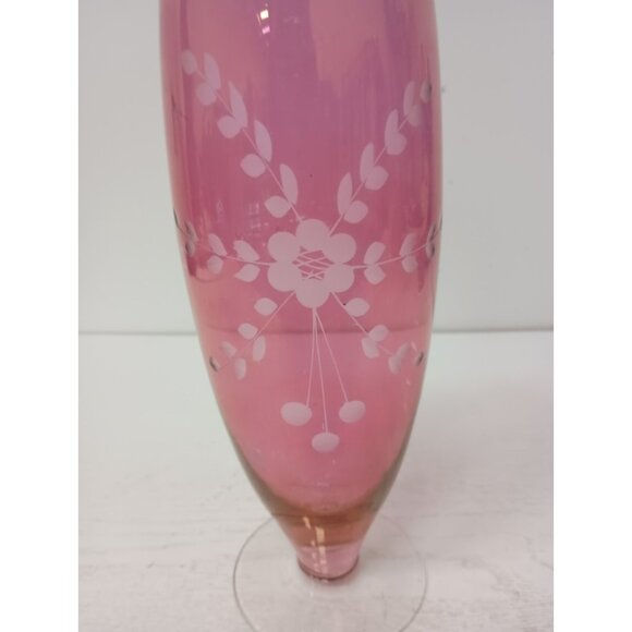 Vintage Blown Cranberry Art Glass Vase Etched Floral Iridescent Flash Footed - Picture 2 of 8
